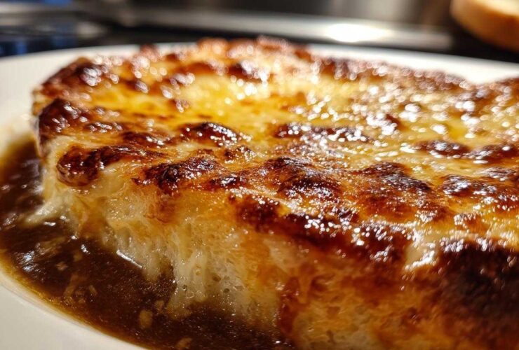 Extreme close-up of a thick layer of bubbly, browned cheese melting over bread in a rich broth for french onion soup recipe.
