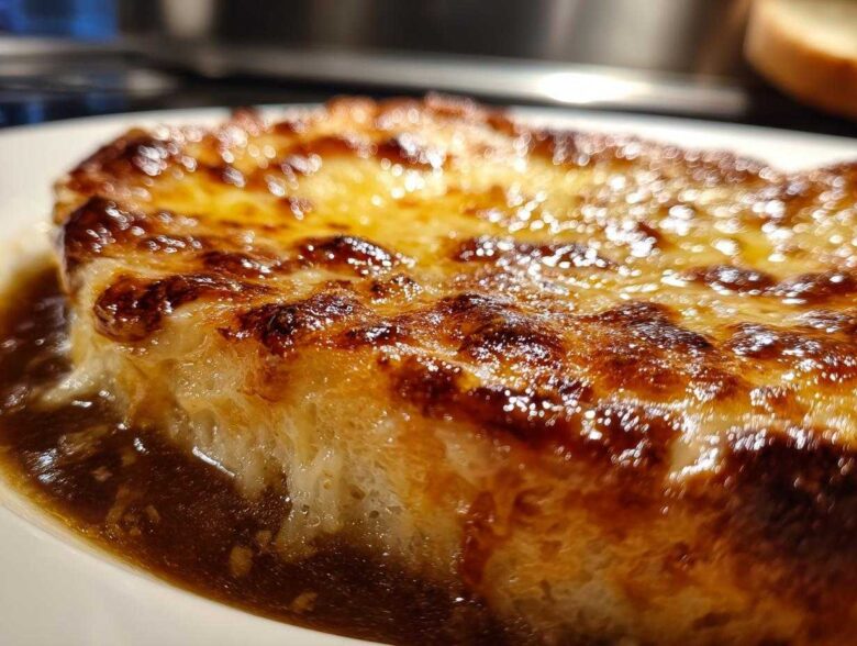 Extreme close-up of a thick layer of bubbly, browned cheese melting over bread in a rich broth for french onion soup recipe.