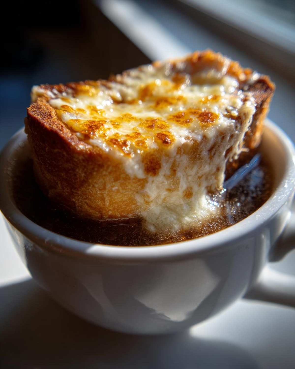Close-up of a crouton topped with melted, browned cheese soaking in a bowl of rich french onion soup recipe.
