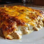 Close-up of baked green chile chicken enchiladas covered in melted, browned cheese.