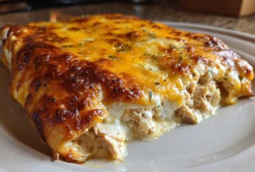 Close-up of baked green chile chicken enchiladas covered in melted, browned cheese.