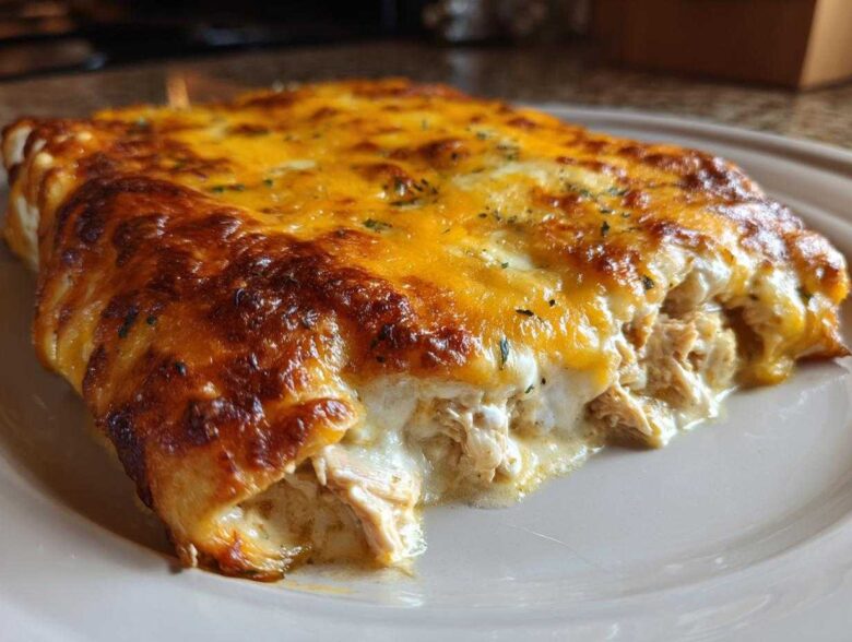 Close-up of baked green chile chicken enchiladas covered in melted, browned cheese.