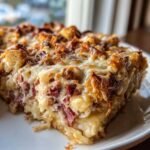 Close-up of a rich, cheesy slice of homemade Reuben bake featuring corned beef and sauerkraut.
