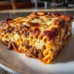 Close-up of a hearty slice of baked ziti pasta bake with rich meat sauce and bubbly, browned cheese topping.