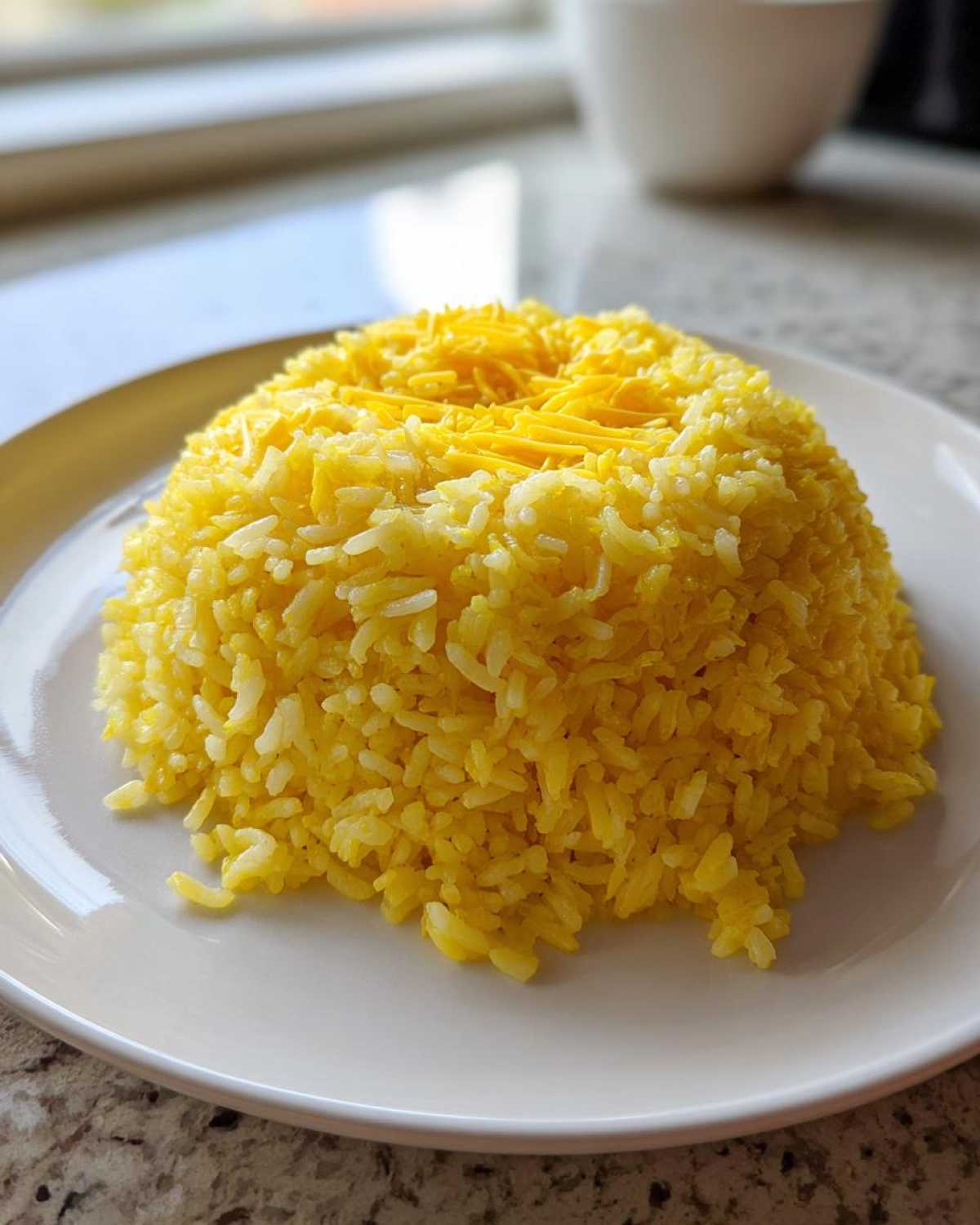 A dome-shaped serving of bright yellow cheesy rice topped with shredded cheddar cheese on a white plate.