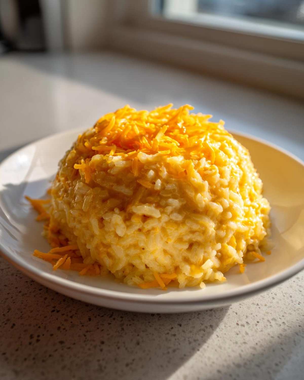 A perfectly molded serving of creamy cheesy rice topped generously with bright orange shredded cheddar cheese.