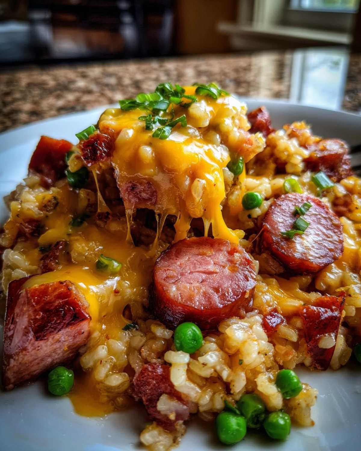 Melted cheese dripping over a hearty serving of sausage and rice with green peas.