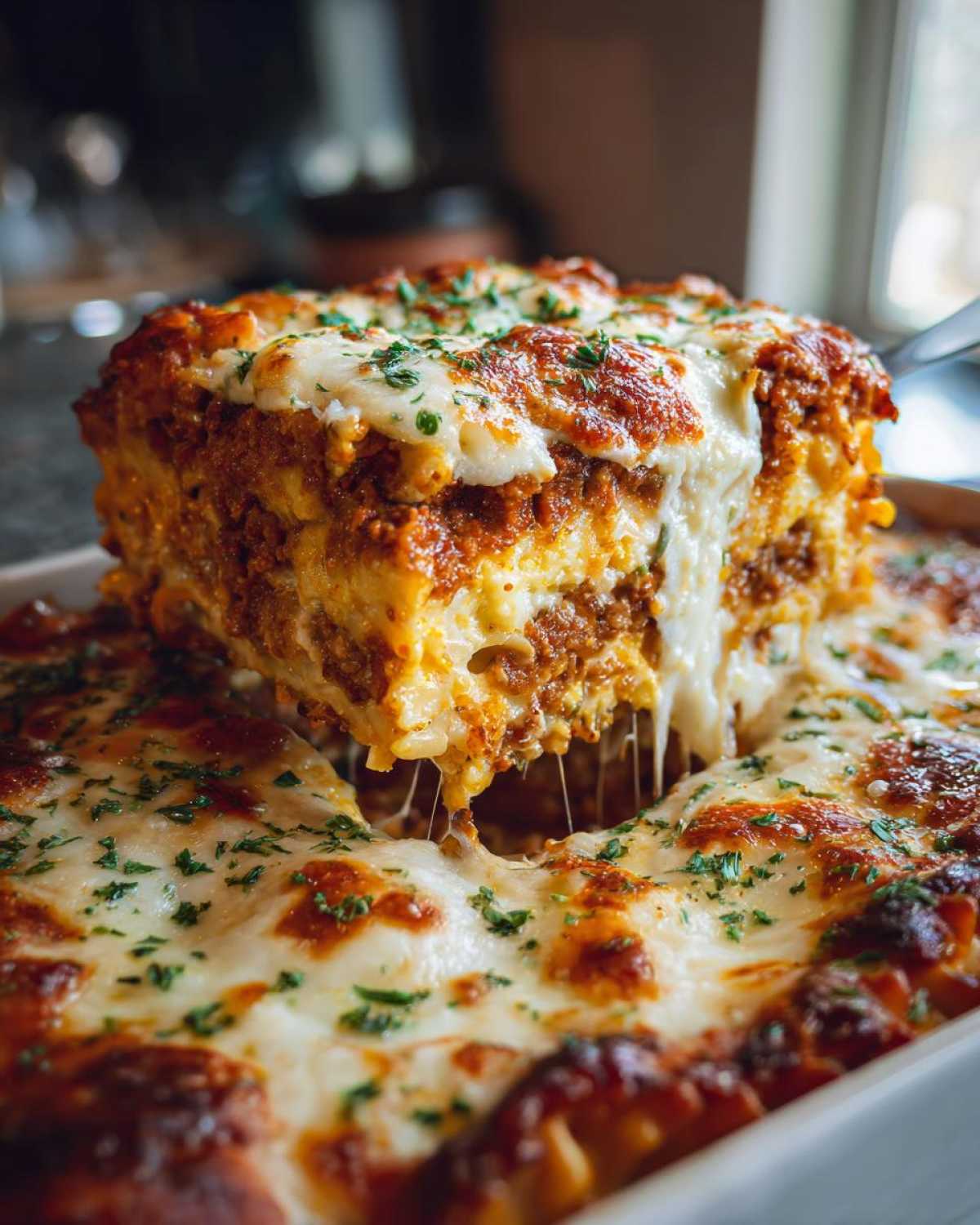 A generous slice of cheesy, saucy pasta bake being lifted, showing melted cheese strings.