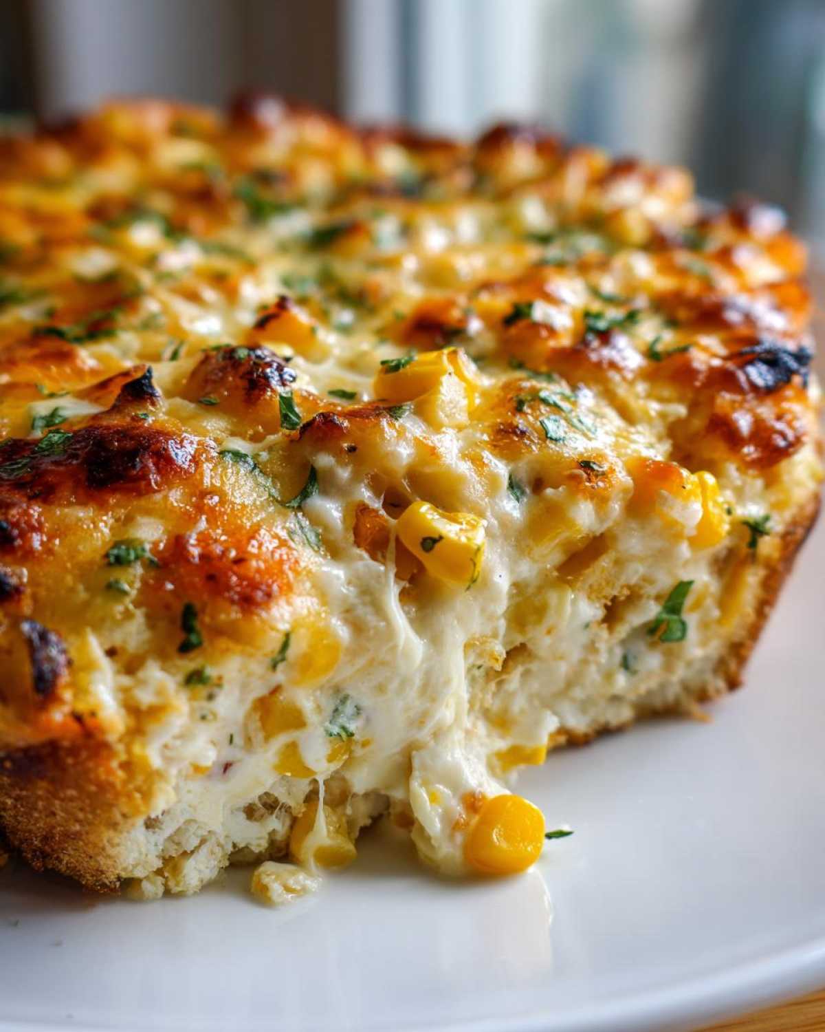 Close-up of cheesy, baked street corn dip served warm on a piece of crusty bread, showing melted cheese pull.