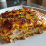 A close-up slice of baked street corn dip showing creamy filling, corn kernels, red onion, and a thick, browned cheese topping.