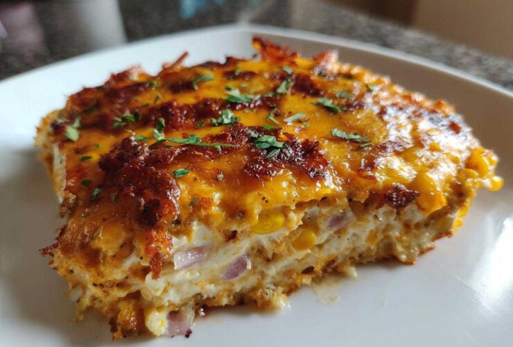 A close-up slice of baked street corn dip showing creamy filling, corn kernels, red onion, and a thick, browned cheese topping.