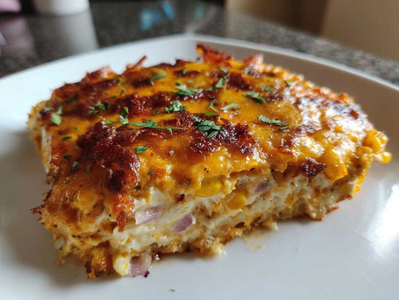 A close-up slice of baked street corn dip showing creamy filling, corn kernels, red onion, and a thick, browned cheese topping.