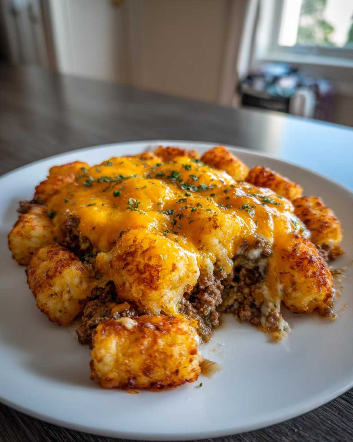 A close-up of a serving of tater tot casserole featuring crispy tots, ground beef, and melted cheddar cheese.
