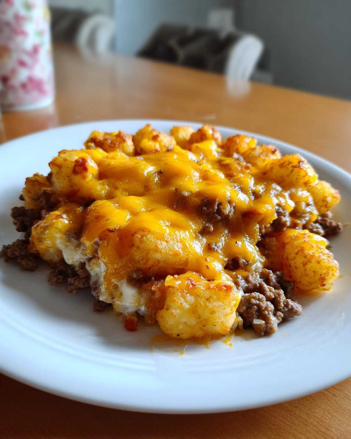 Close-up of a serving of tater tot casserole with ground beef and melted cheddar cheese on a white plate.