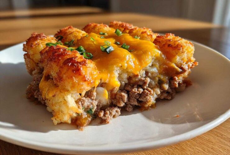 A close-up serving of tater tot casserole showing crispy tater tots, melted cheddar cheese, and a ground beef layer.