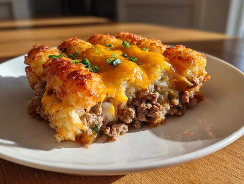 A close-up serving of tater tot casserole showing crispy tater tots, melted cheddar cheese, and a ground beef layer.