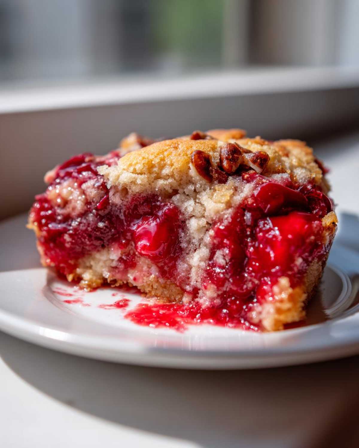 Close-up of a moist slice of cherry dump cake with a crumbly topping on a white plate.