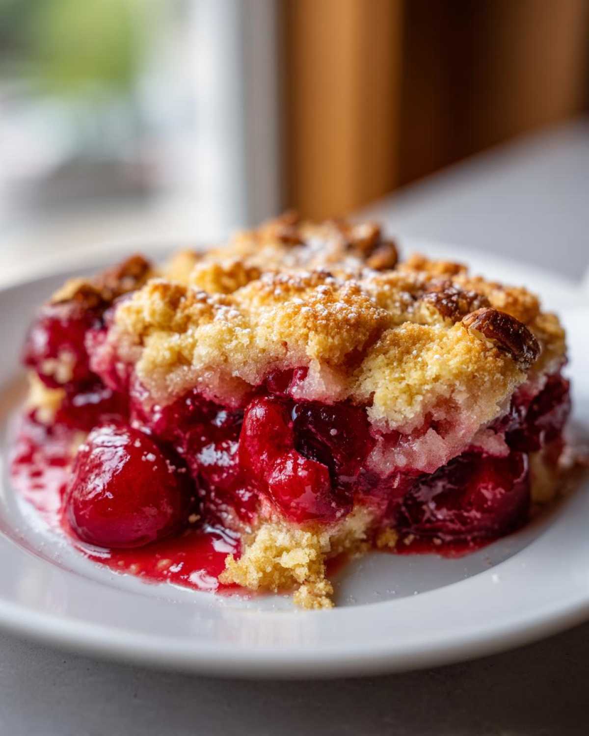 A juicy slice of cherry dump cake with a crumbly topping dusted with powdered sugar on a white plate.