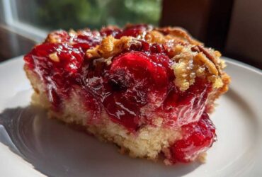 Close-up of a moist slice of cherry dump cake showing bright red cherry filling and crumbly topping on a white plate.