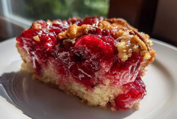 Close-up of a moist slice of cherry dump cake showing bright red cherry filling and crumbly topping on a white plate.