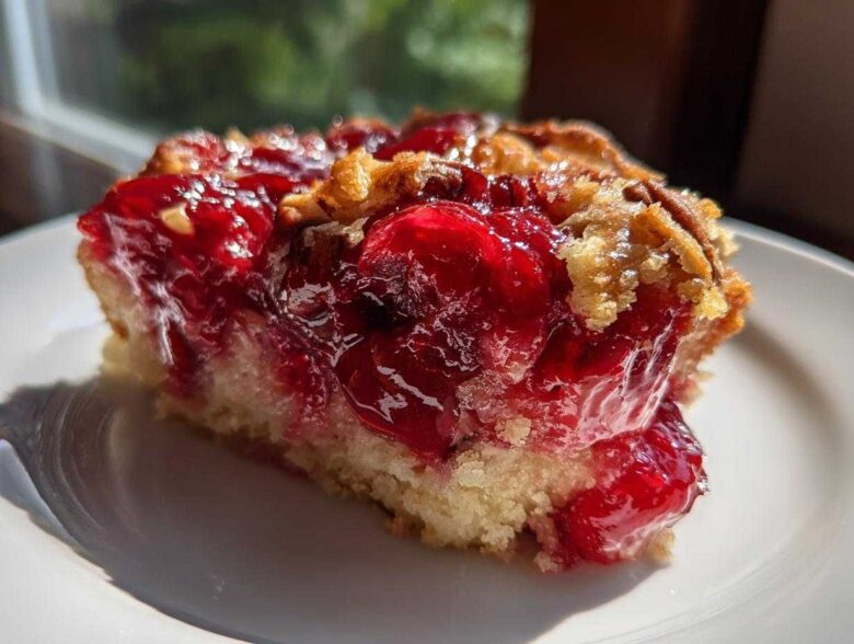 Close-up of a moist slice of cherry dump cake showing bright red cherry filling and crumbly topping on a white plate.