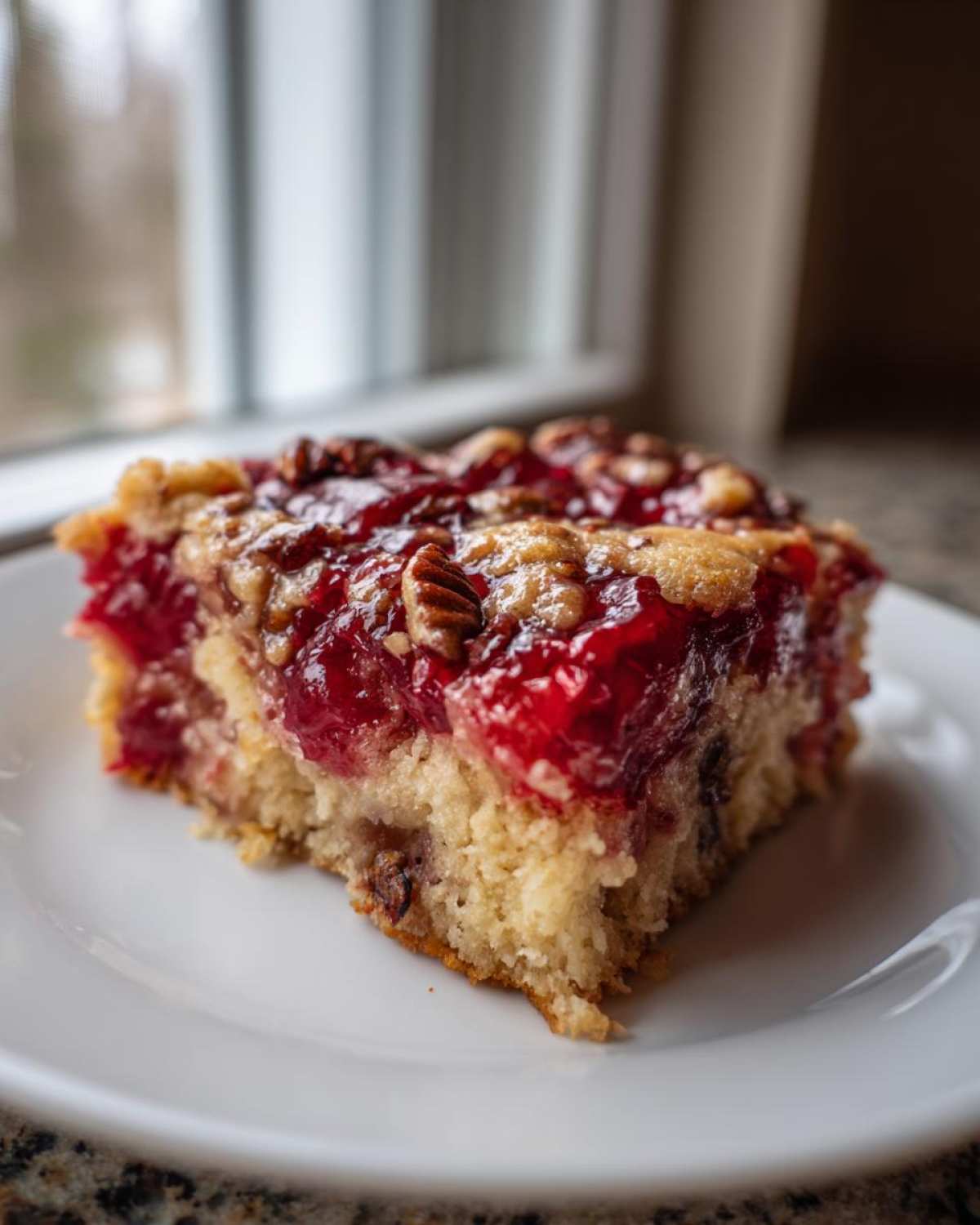 A close-up of a square slice of cherry dump cake with a pecan topping on a white plate.