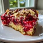 Close-up of a moist slice of cherry dump cake showing bright red filling and crumb topping with pecans.