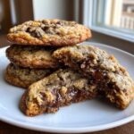 A stack of three chewy chocolate chip cookies, with one broken open showing the melted, gooey chocolate center.