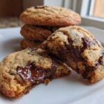 Close-up of chewy chocolate chip cookies, one broken open revealing a gooey, melted chocolate center.