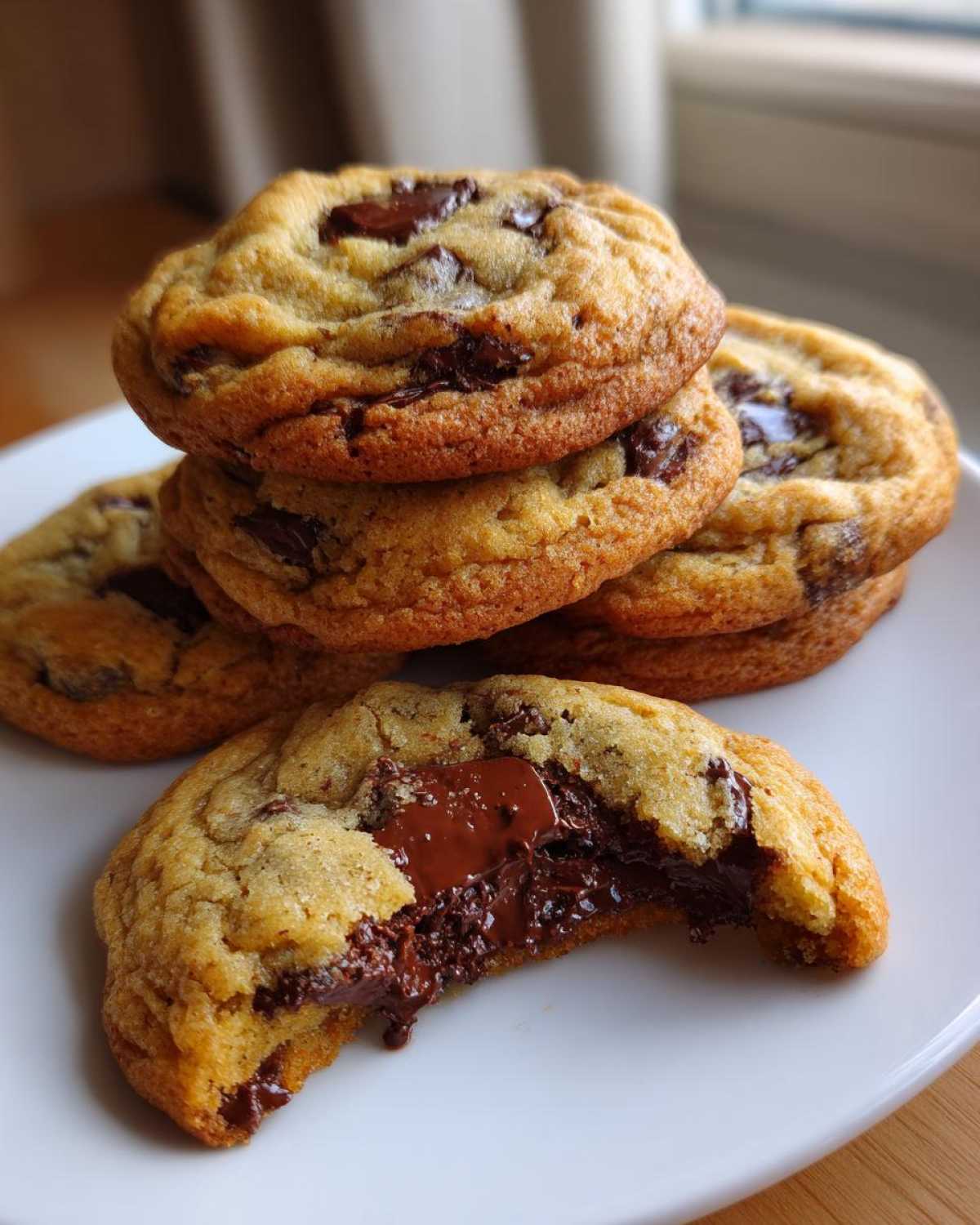 A stack of golden brown chewy chocolate chip cookies, with one cookie broken open revealing a gooey, melted chocolate center.