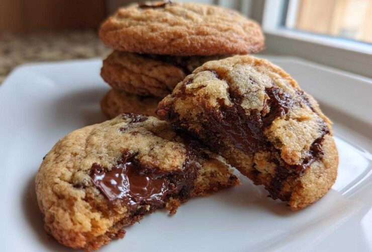 Close-up of chewy chocolate chip cookies, one broken open revealing a gooey, melted chocolate center.