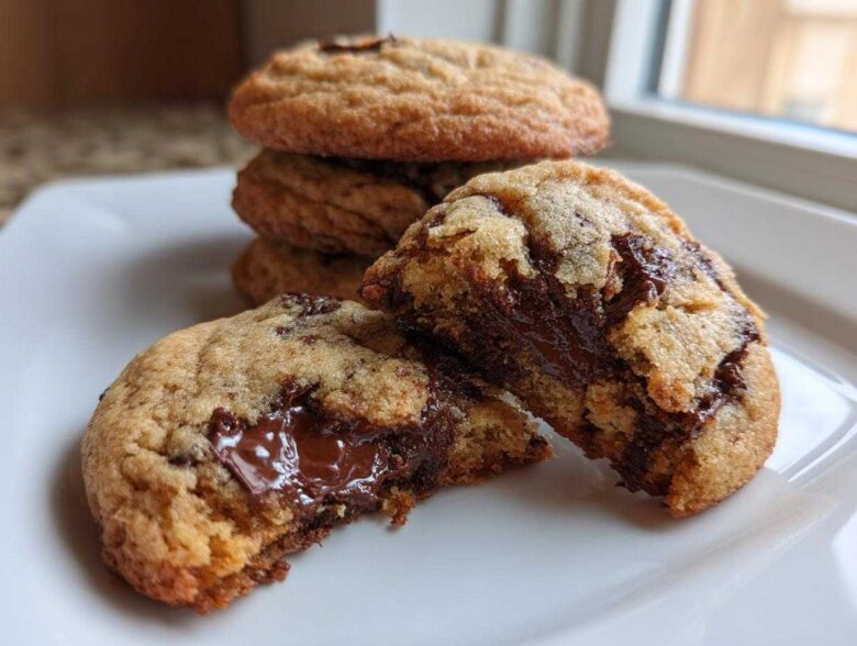 Close-up of chewy chocolate chip cookies, one broken open revealing a gooey, melted chocolate center.