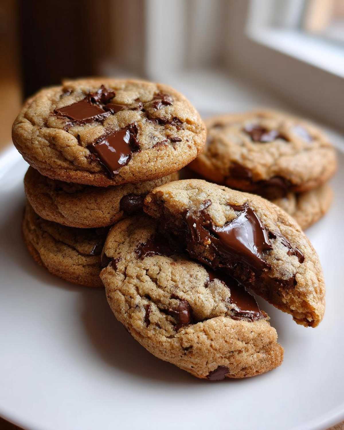 A stack of freshly baked chewy chocolate chip cookies, one broken open revealing gooey melted chocolate.