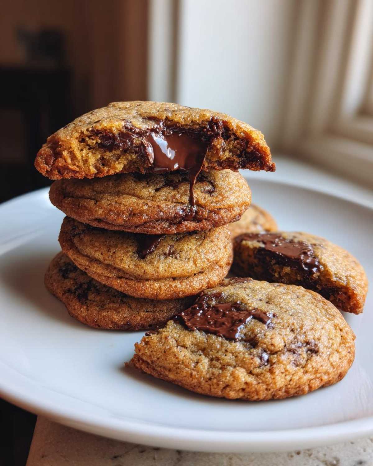 A stack of chewy chocolate chip cookies with the top one broken open, showing gooey, melted chocolate dripping out.