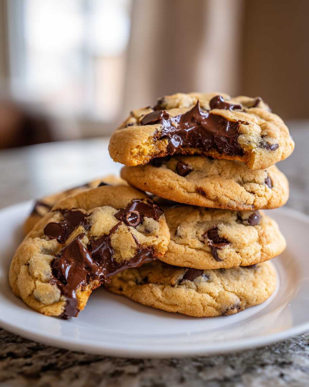 A stack of four freshly baked chewy chocolate chip cookies with gooey, melted chocolate oozing out of the broken ones.