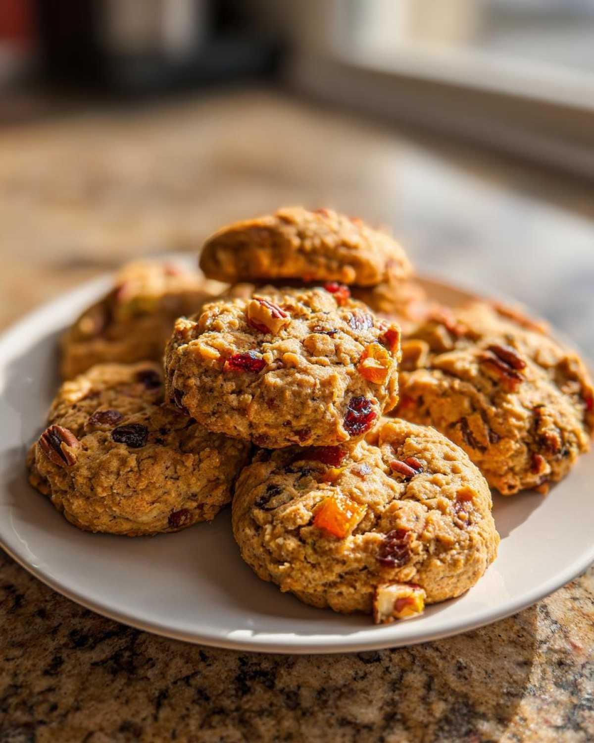 A stack of freshly baked, chewy fruitcake cookies loaded with dried fruit and nuts on a white plate.