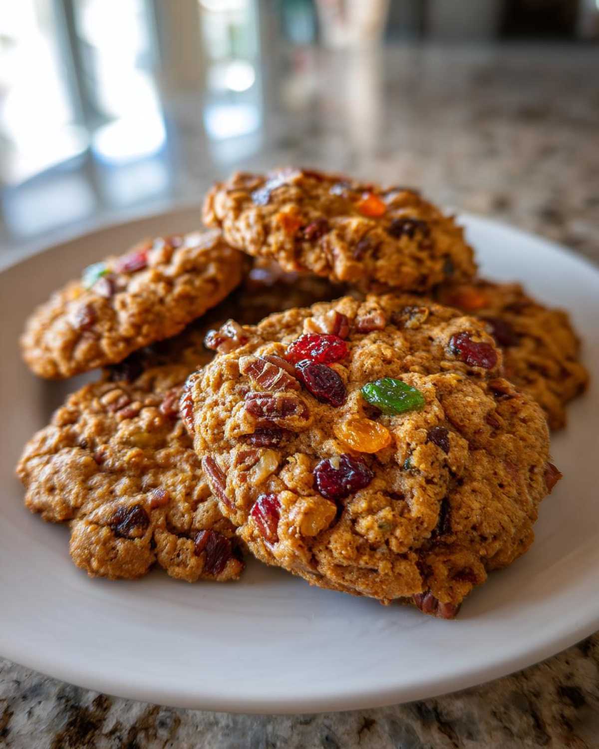 Close-up of several chewy fruitcake cookies loaded with colorful dried and candied fruits on a white plate.
