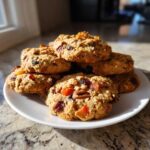 A stack of freshly baked, chewy fruitcake cookies loaded with dried fruit and nuts, sitting on a white plate.