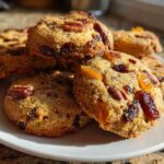 A stack of chewy fruitcake cookies loaded with dried fruit and nuts, sitting on a white plate in sunlight.