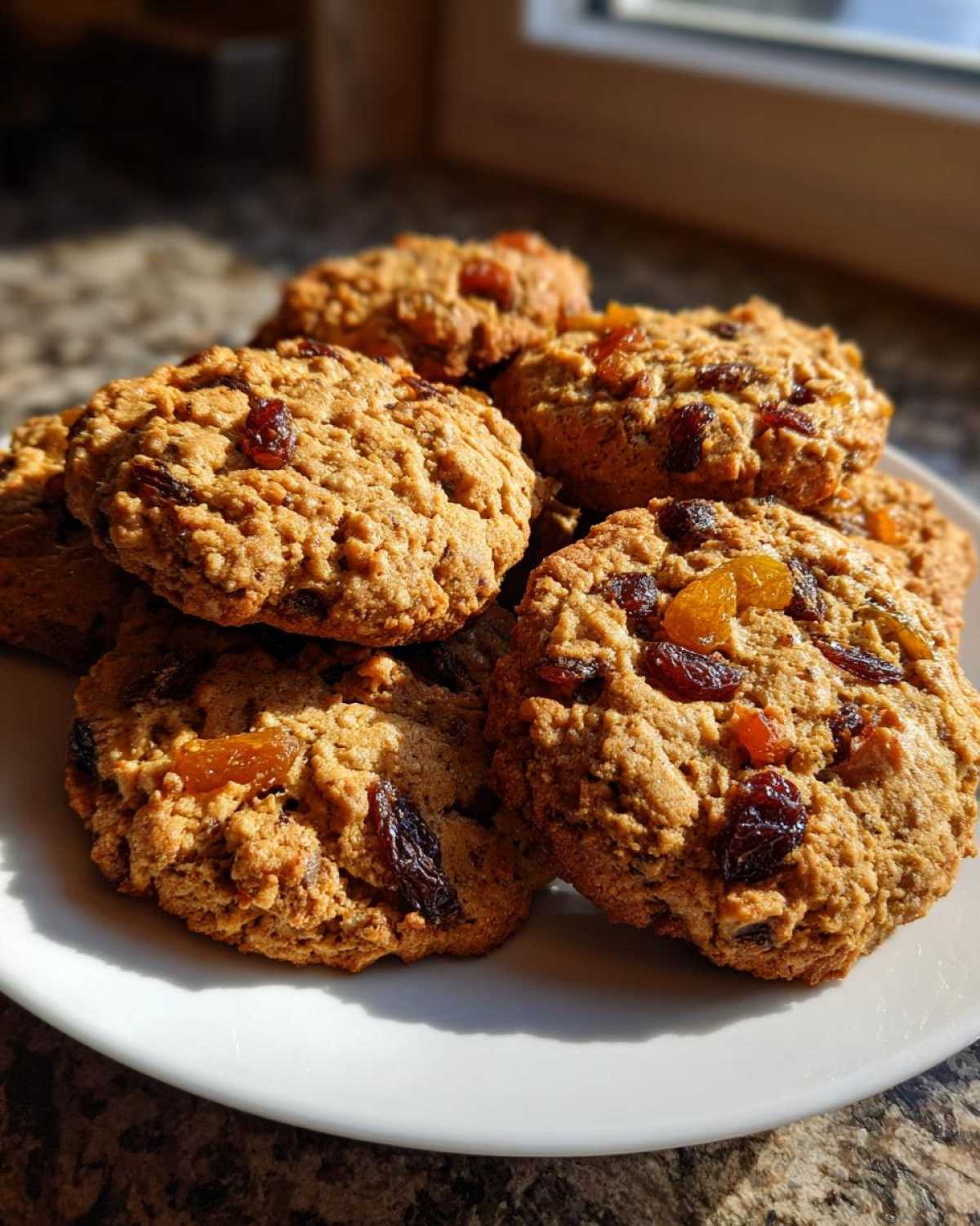 A close-up stack of chewy fruitcake cookies loaded with raisins and dried fruit, sitting on a white plate.