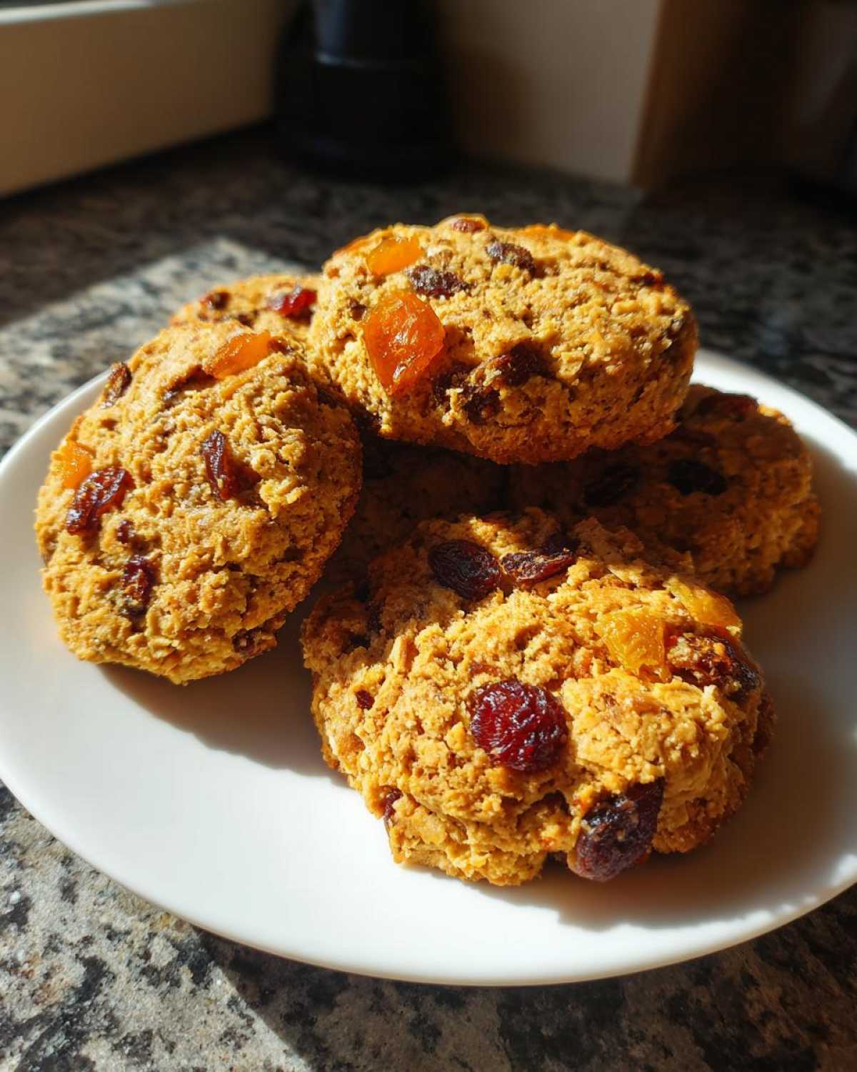 A stack of four chewy fruitcake cookies loaded with dried fruit, resting on a white plate.