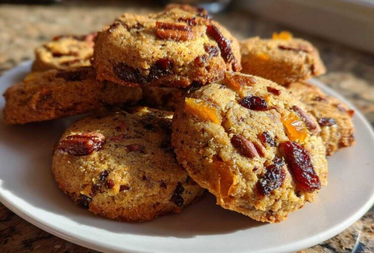 A stack of chewy fruitcake cookies loaded with dried fruit and nuts, sitting on a white plate in sunlight.