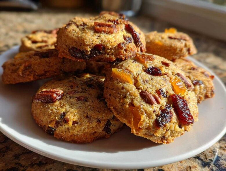 A stack of chewy fruitcake cookies loaded with dried fruit and nuts, sitting on a white plate in sunlight.
