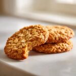Close-up of three chewy oatmeal cookies, one with a bite missing, showing the texture.