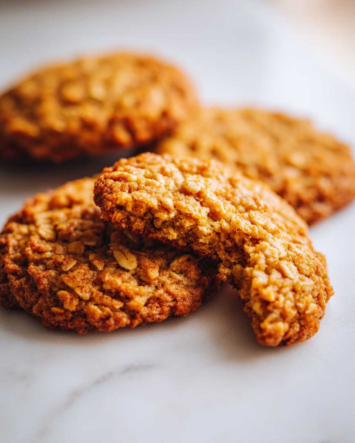 Close-up of three chewy oatmeal cookies, one broken in half to show texture, resting on a white marble surface.