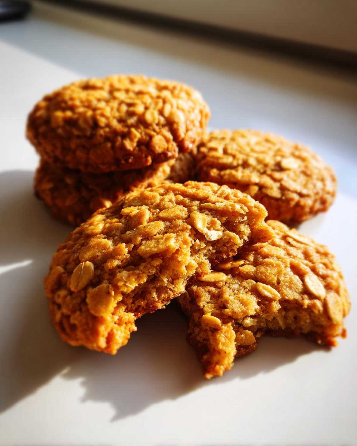 Close-up of chewy oatmeal cookies, one broken in half showing the texture packed with rolled oats.
