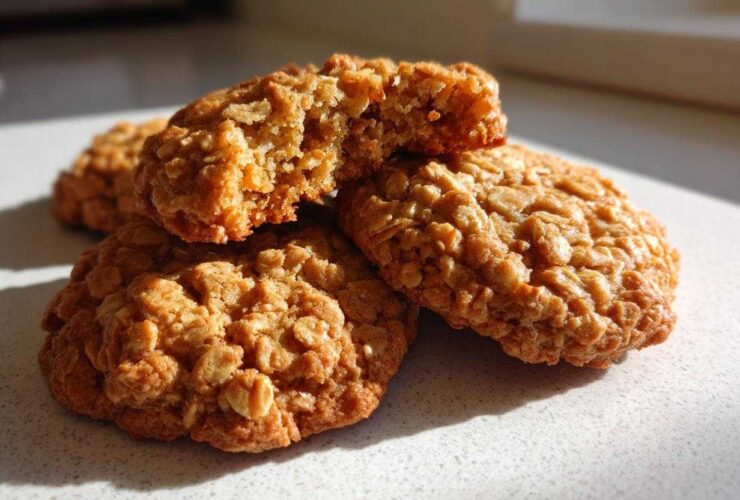 Close-up of several chewy oatmeal cookies, one broken open to show the texture.