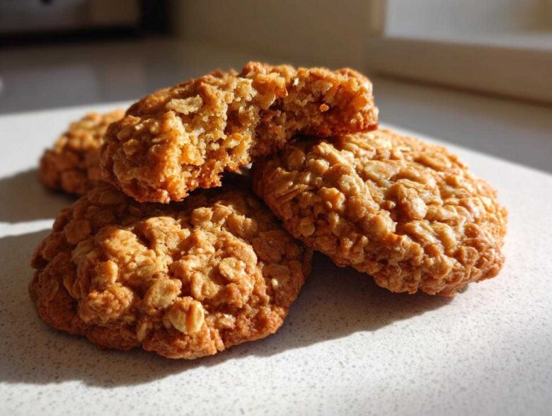 Close-up of several chewy oatmeal cookies, one broken open to show the texture.