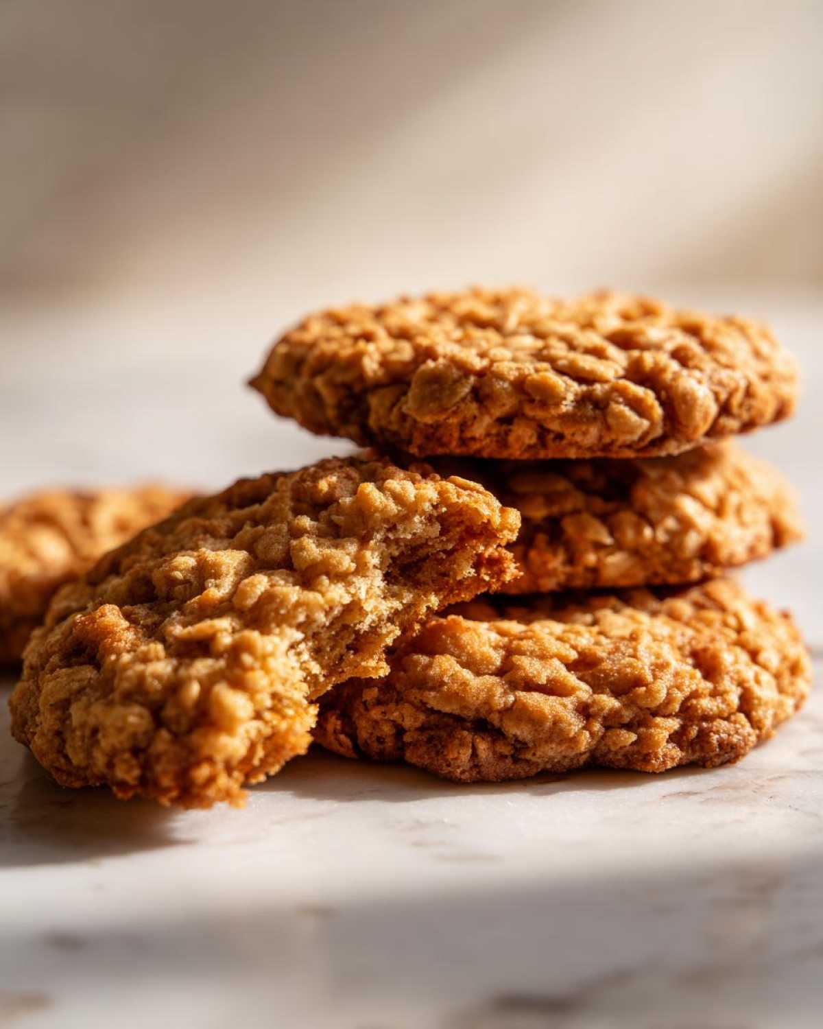 Stack of chewy oatmeal cookies, one broken in half to show texture.
