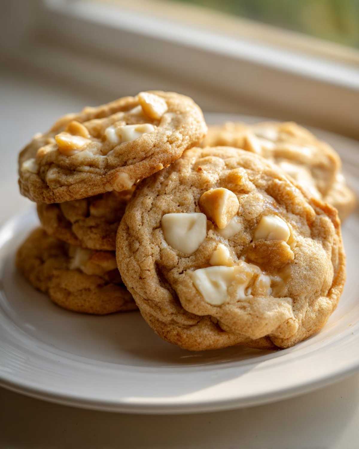 A stack of chewy white chocolate macadamia nut cookies resting on a white plate, illuminated by natural light.